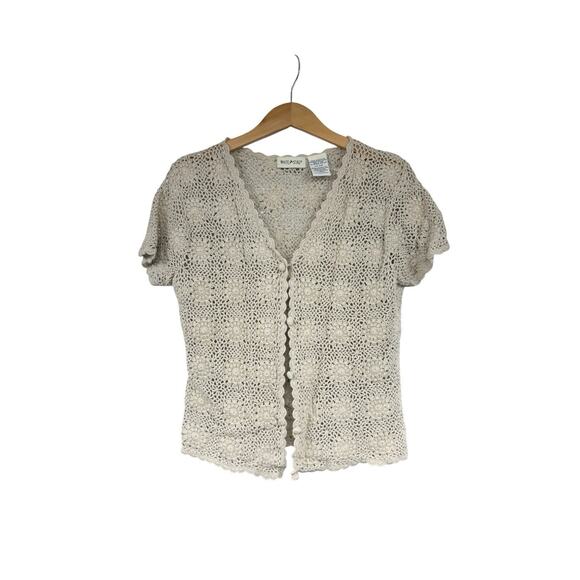 Vintage White Stag Cream Crochet Short Sleeve Cardigan Top Grandma Core Womens M - Picture 1 of 5